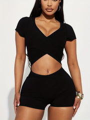 Surplice Neck Cut Out Romper Jumpsuit Sexy Short Sleeve