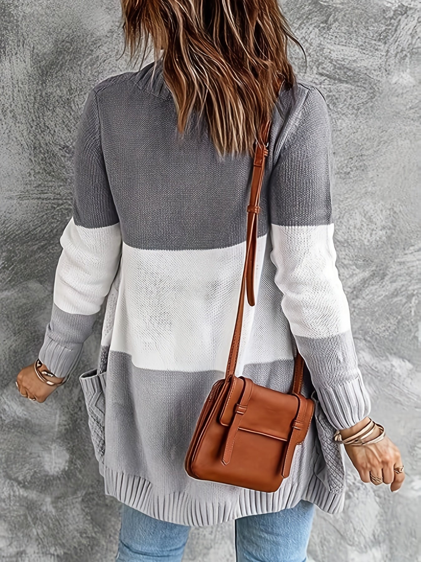 Colorblock Cable Button Up Cardigan with Pockets