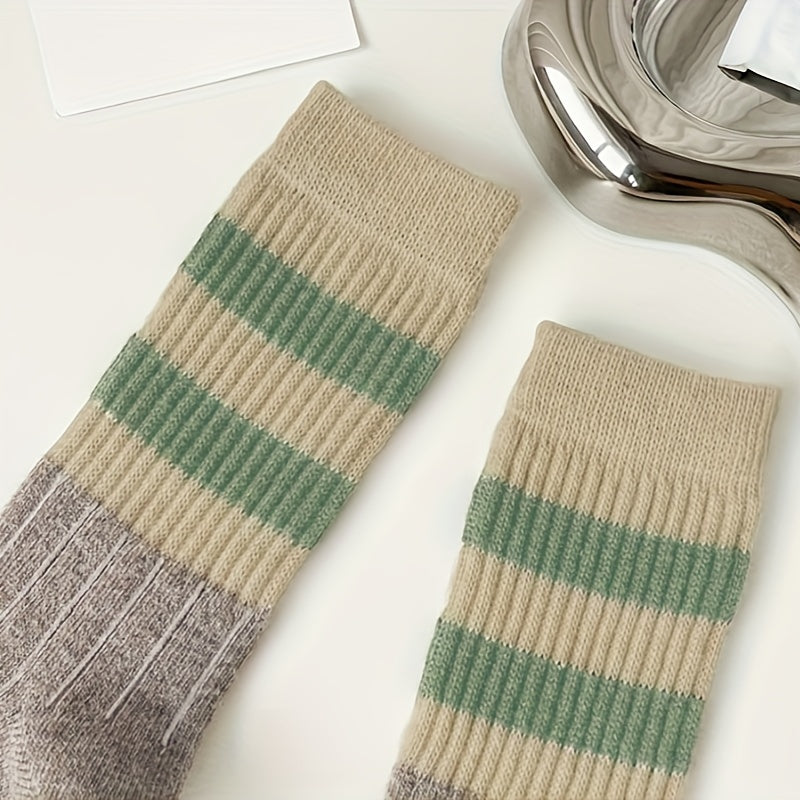 5 Pairs Striped Crew Socks Mid Tube Soft Stockings Women's Hosiery