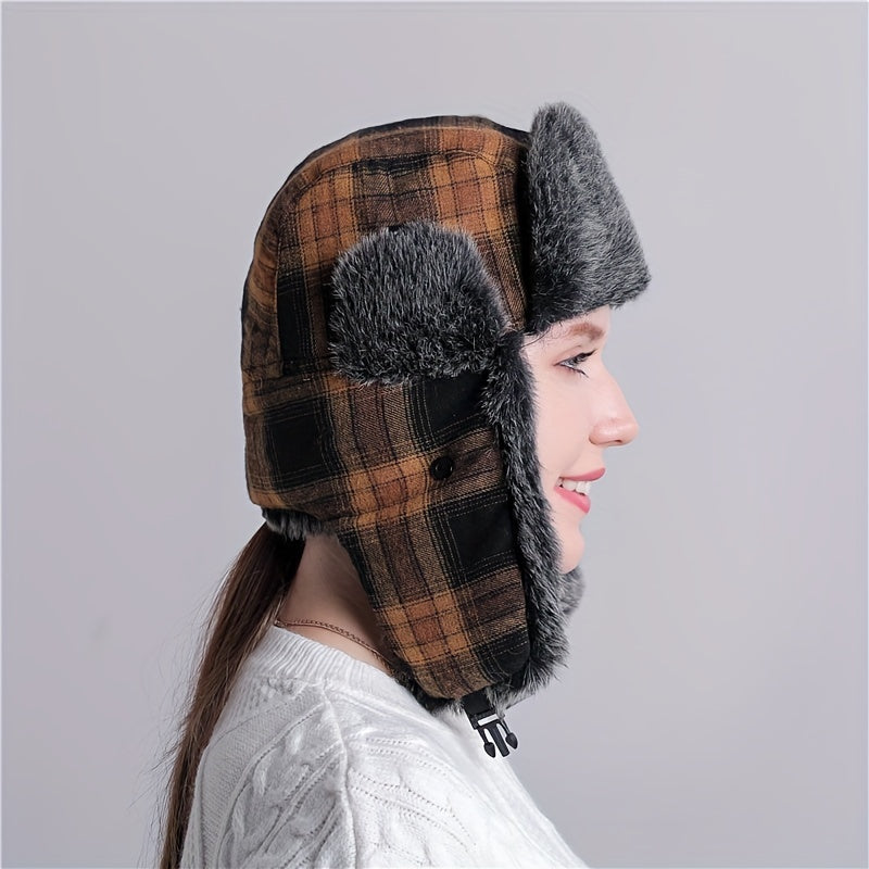 Warm Plaid Ear Protection Hat for Men and Women