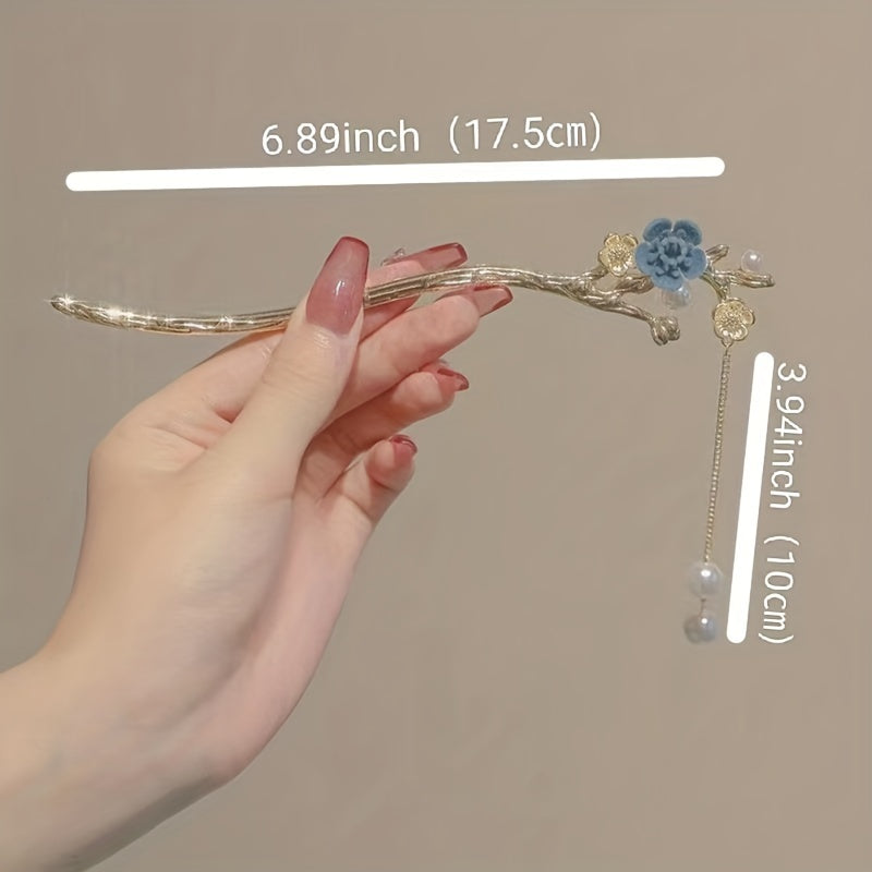 Flower Hair Stick Faux Pearl Tassel Hair Fork Ponytail Bun Holder