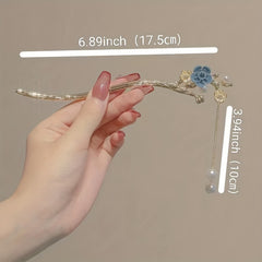 Flower Hair Stick Faux Pearl Tassel Hair Fork Ponytail Bun Holder