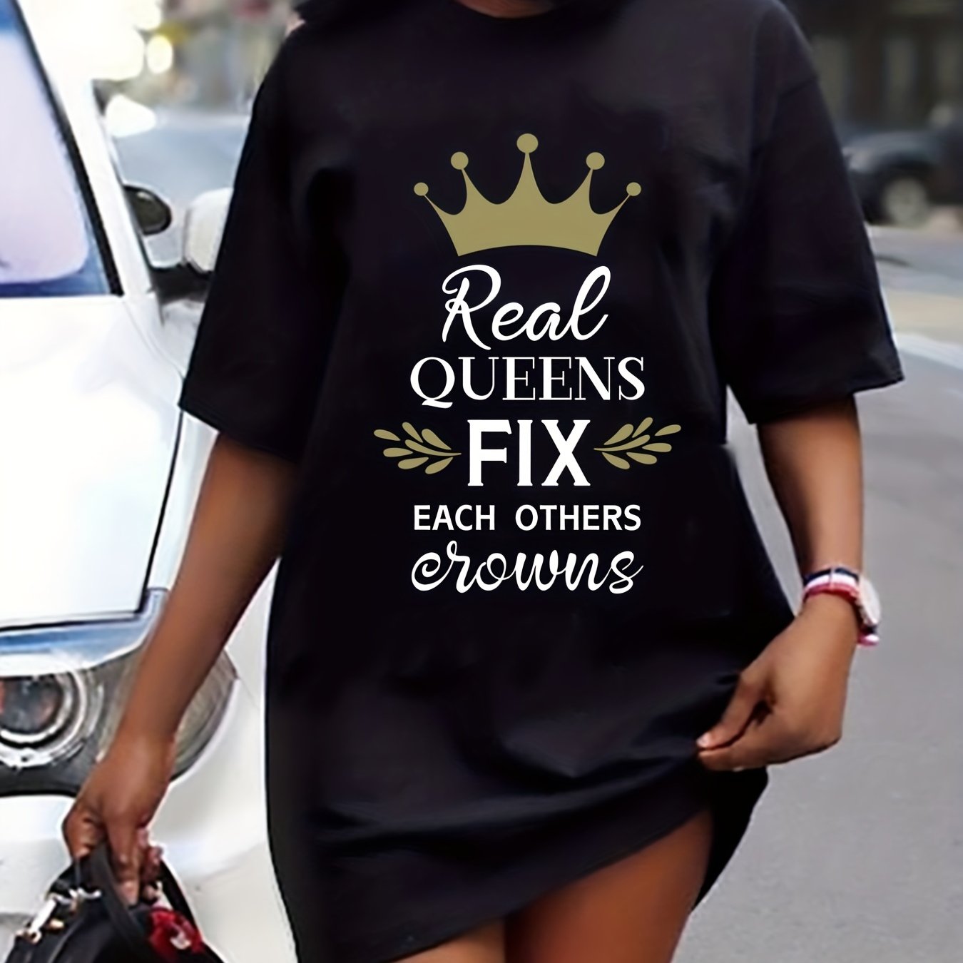  Casual Dress Women's Plus Crown & Letter Print Short Sleeve Tee Dress