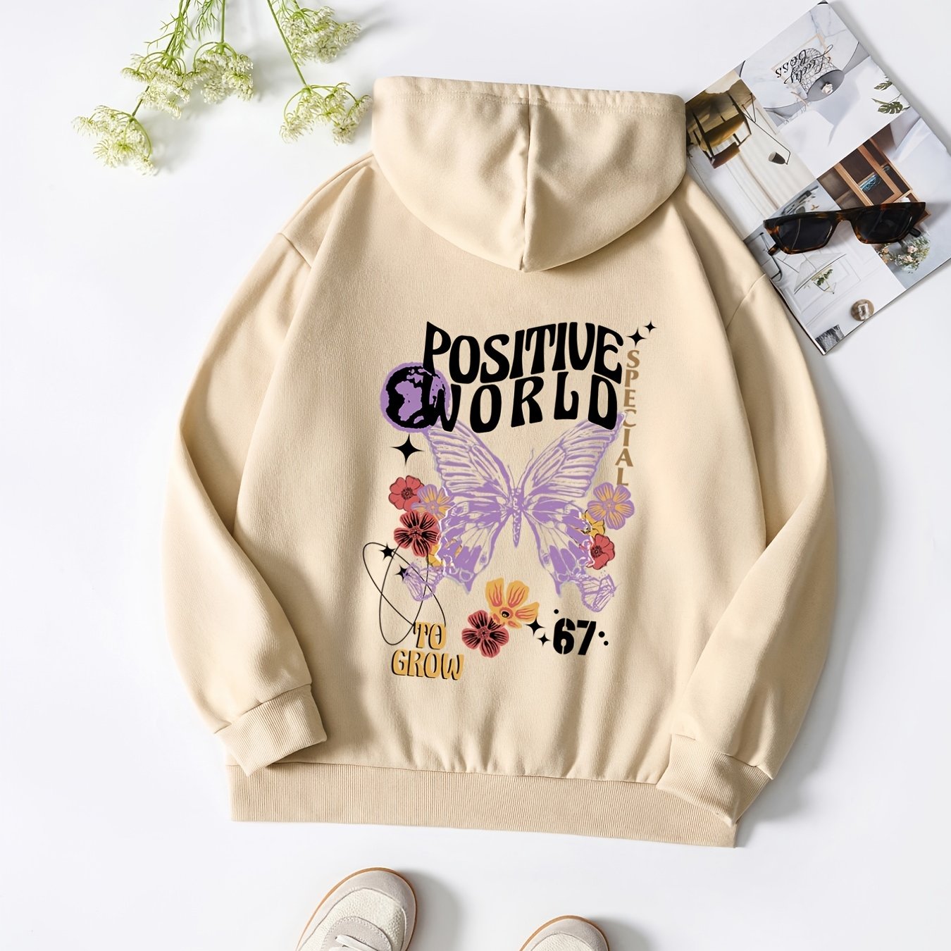 Butterfly & Flower Print Hoodie Sweatshirt Women's Casual Sports Top