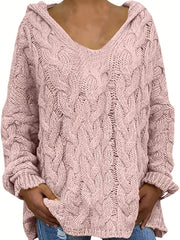 Oversize Knit Pullover Hooded Sweater V-Neck Casual Fall Winter Women