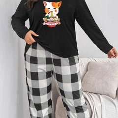  Cat & Ramen Print Long Sleeve Top & Plaid Pants Lounge 2 Piece Set