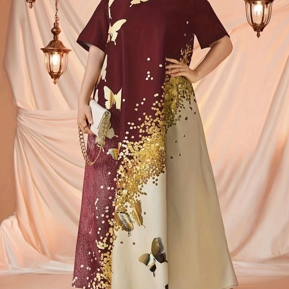 Glitter Butterfly Print Round Neck Maxi Dress Plus Size Abaya