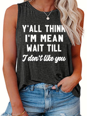 Plus Size Slogan Print Tank Top Round Neck Stretchy Casual Sleeveless Tee