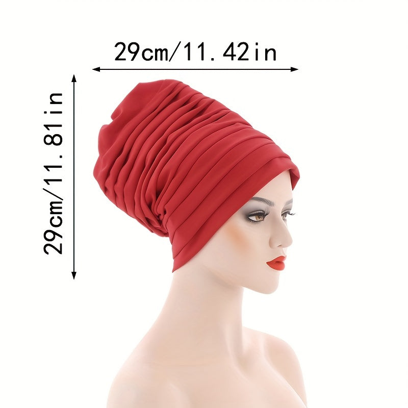Layered Pleated Turban Cap Elastic Head Wrap Solid Ramadan Head Scarf