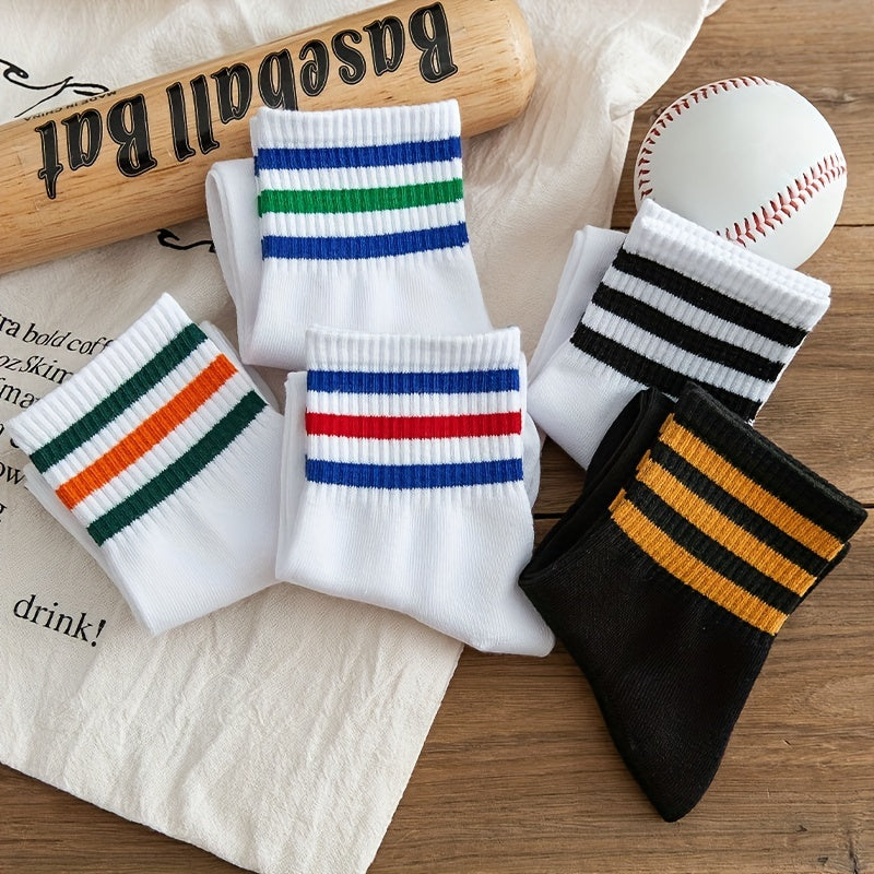 5 Pairs Striped Sports Socks Comfy Crew Socks Women's Stockings