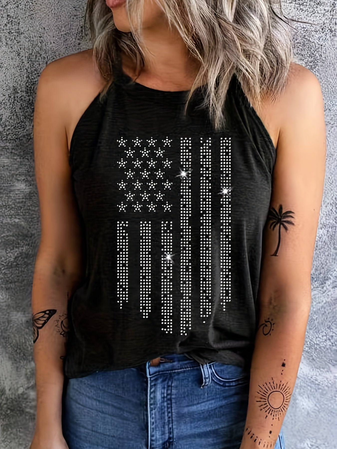 American Flags Print Sleeveless Top Summer Casual Independence Top