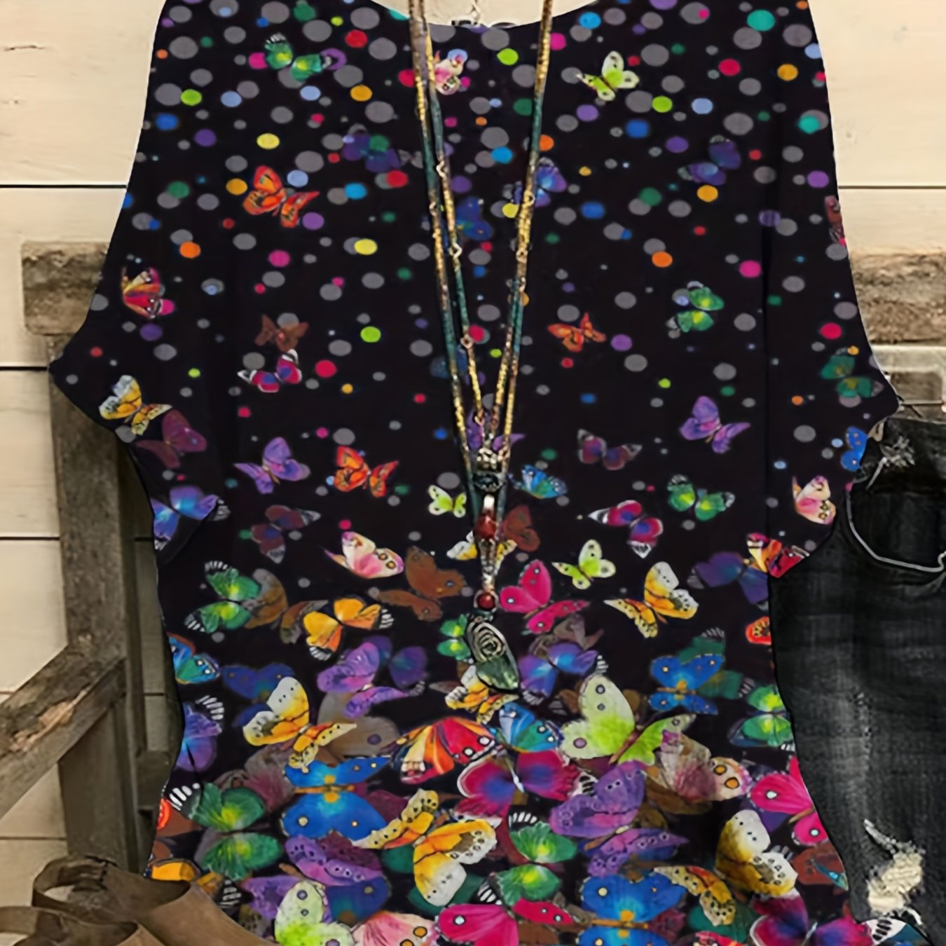  Colorful Butterfly & Dot Print Batwing Sleeve Round Neck Shirt Top