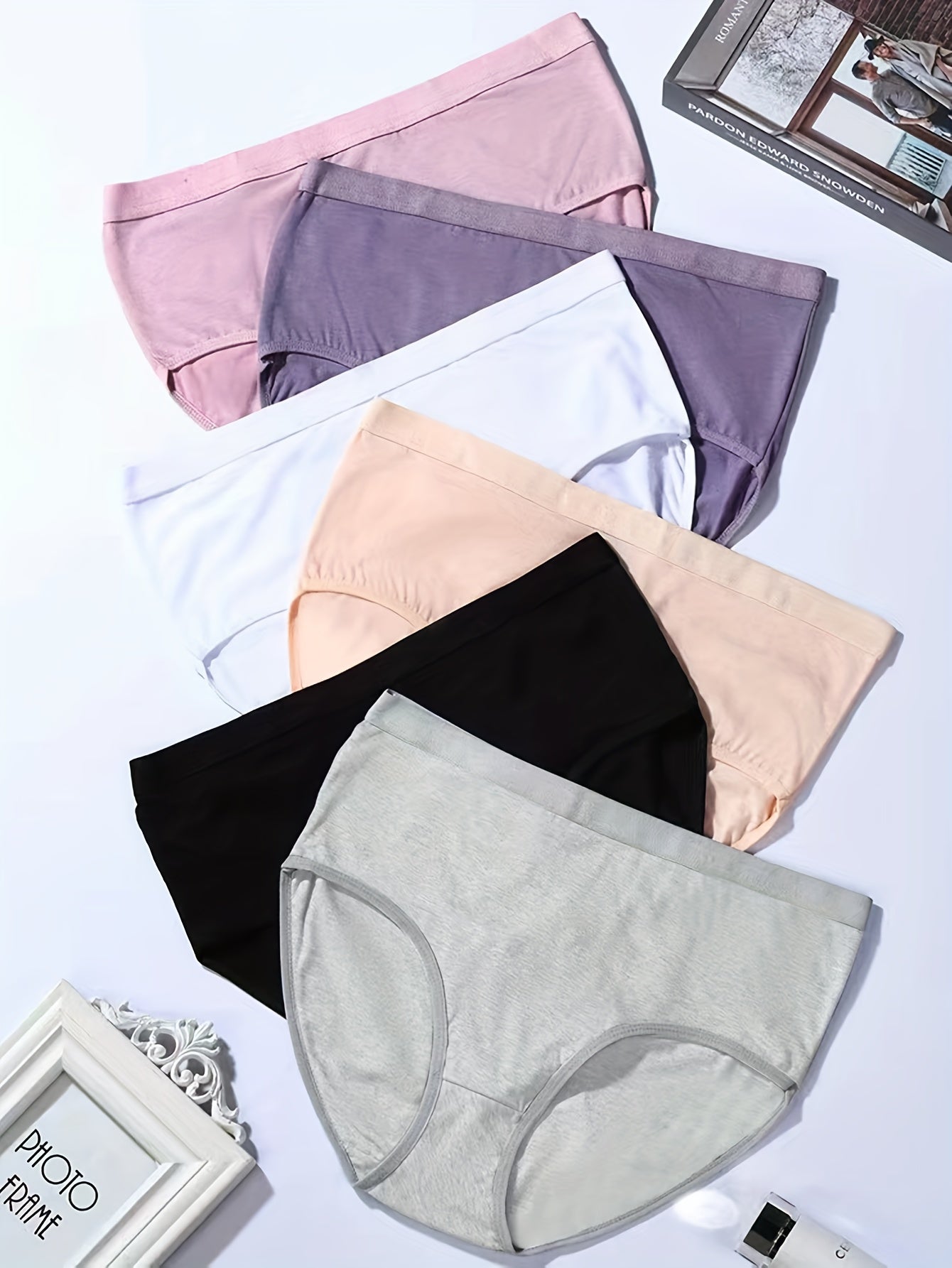 6 Pack Plus Size Basic Underwear Set Women's Plus Plain Mid Rise Medium Stretch
