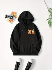 Bear Print Casual Hoodies Drawstring Long Sleeve Pullover Sweater