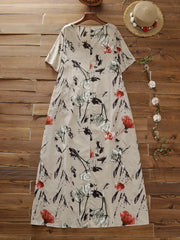  Floral Print V-Neck High Waist Dress