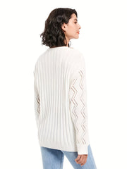  Ribbed Pointelle Applique V Neck Jumper