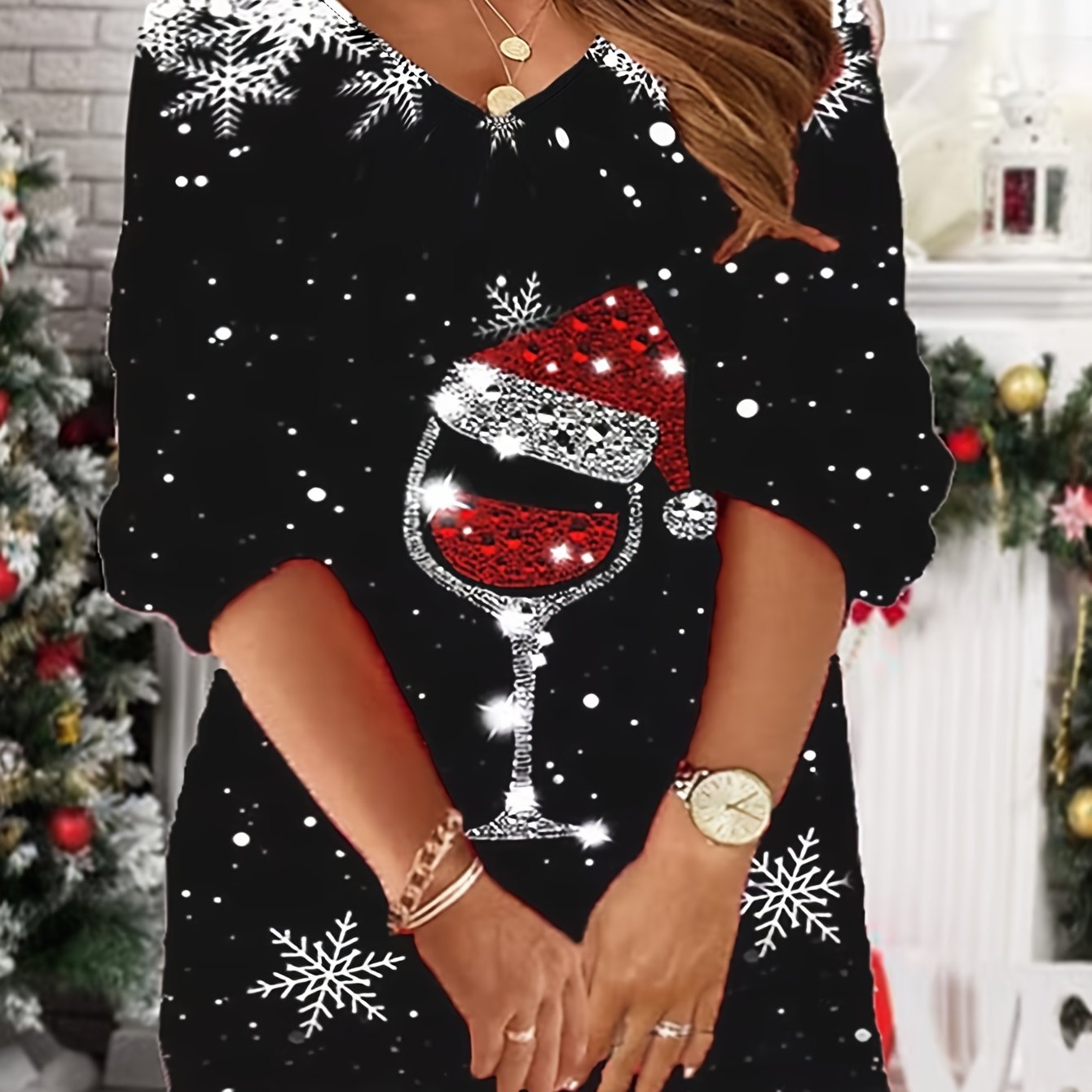 Christmas Casual Dress Women's Plus Graphic & Snowflake Print