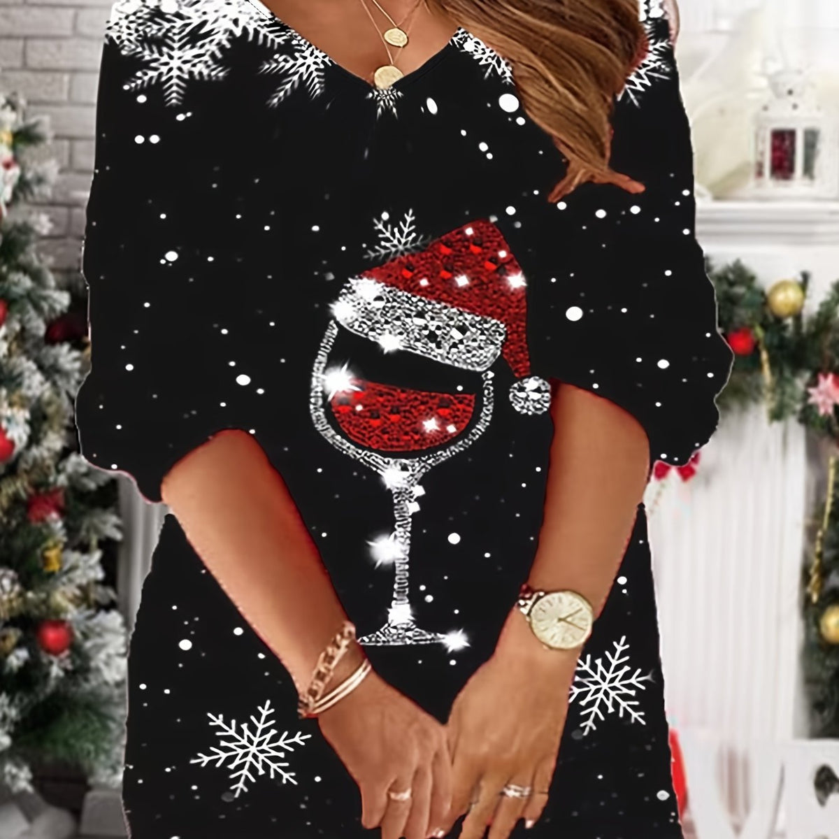  Christmas Casual Dress Women's Plus Graphic & Snowflake Print