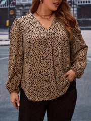 Women's Plus Leopard Print Lantern Sleeve V Neck Slight Stretch Top