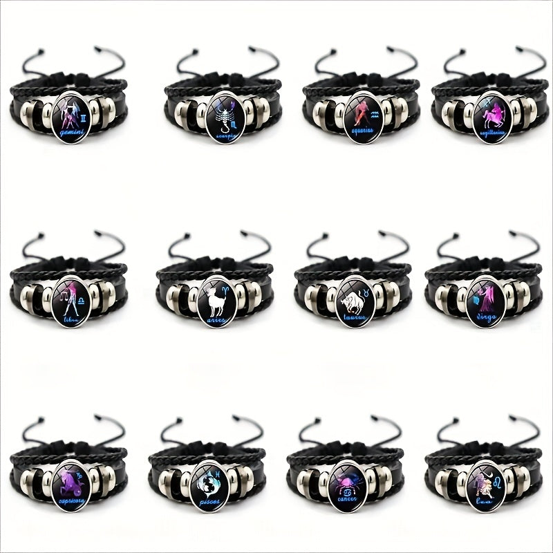 12 Constellation Leather Woven Bohemian Denim Bangle