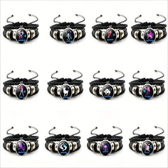 12 Constellation Leather Woven Bohemian Denim Bangle