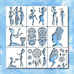 9pcs African Tribal Stencils Mask Stencil Template with Metal Ring