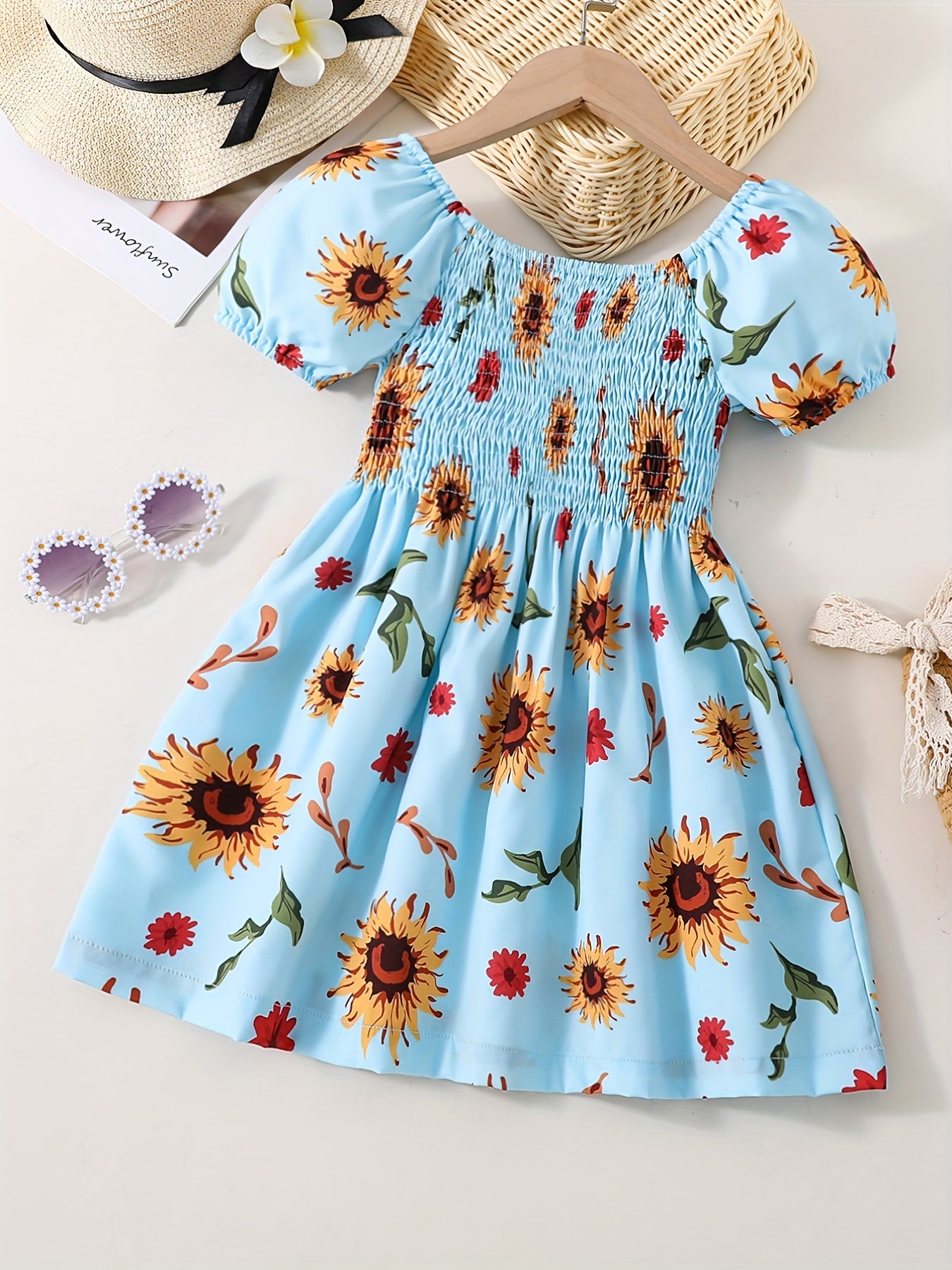Girls Sunflower Print Princess Dress Kids Summer Clothes