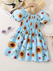 Girls Sunflower Print Princess Dress Kids Summer Clothes