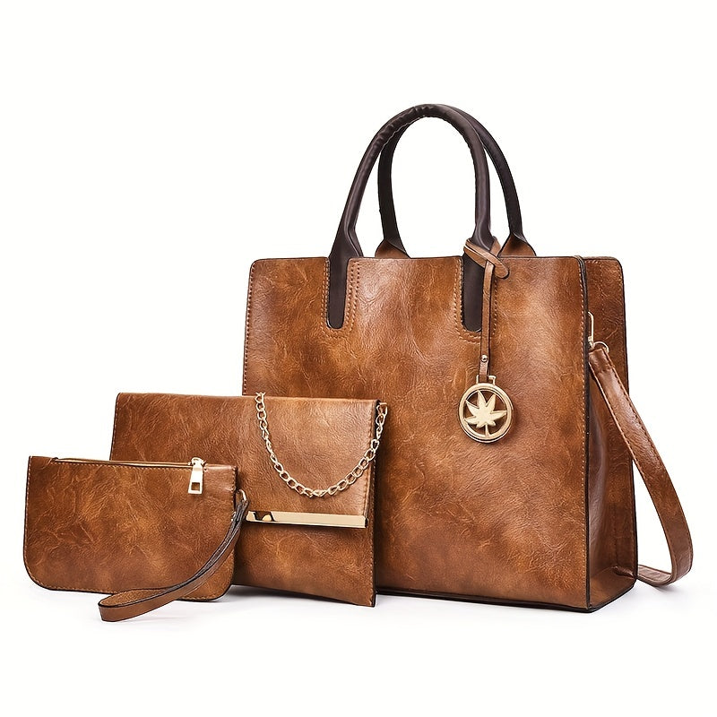 Vintage PU Leather Tote Bag Set with Crossbody Bag & Coin Purse
