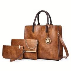 Vintage PU Leather Tote Bag Set with Crossbody Bag & Coin Purse