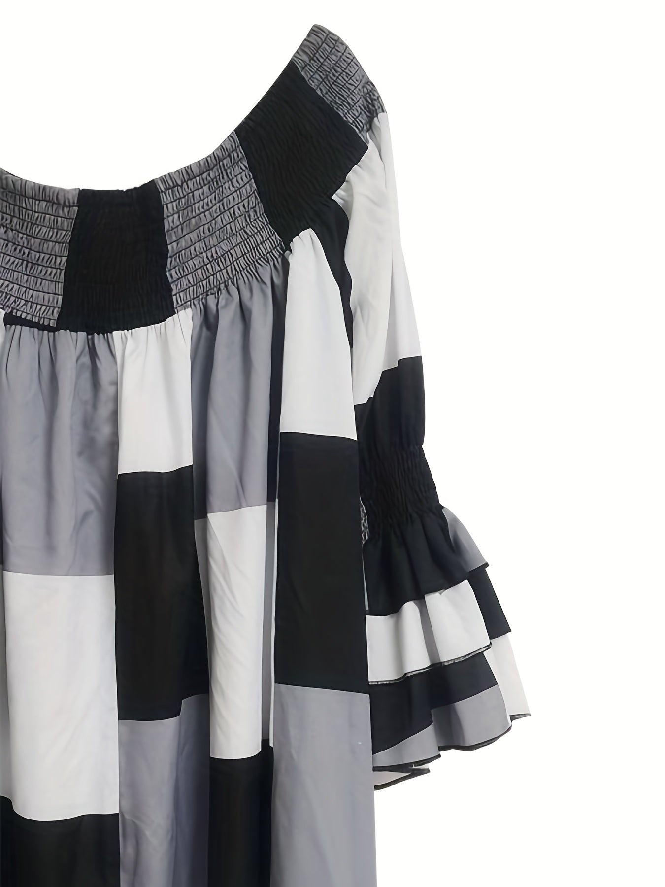 Colorblock Grid Print Off Shoulder Dress