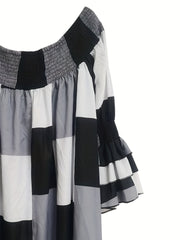  Colorblock Grid Print Off Shoulder Dress