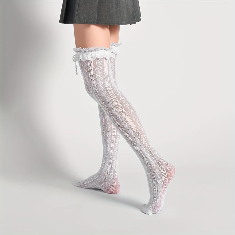 Heart Pattern Thigh High Socks Lace Trim Over The Knee Socks