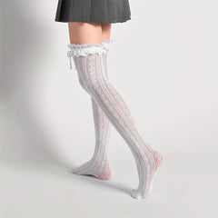 Heart Pattern Thigh High Socks Lace Trim Over The Knee Socks