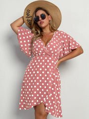  Dot Print Layered Bell Sleeve V Neck Midi Dress Women's Plus