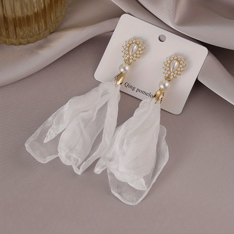 Pearl & Chiffon Drop Earrings - Fashionable Jewelry for Women