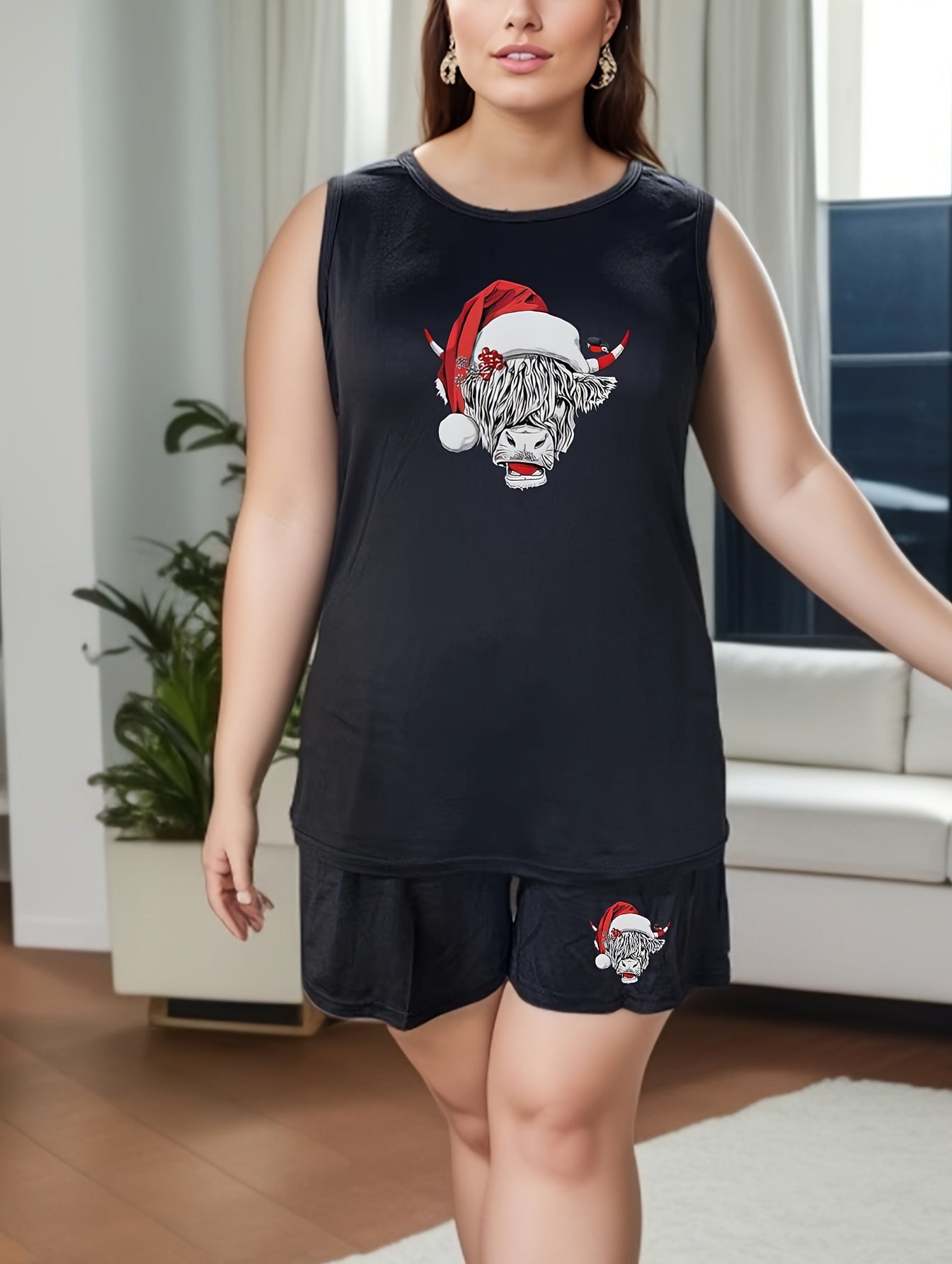  Christmas Lounge Set Women's Santa Hat Cow Print Tank Top & Shorts