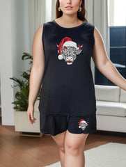  Christmas Lounge Set Women's Santa Hat Cow Print Tank Top & Shorts