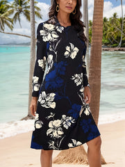  Floral Print Long Sleeve Round Neck Dress