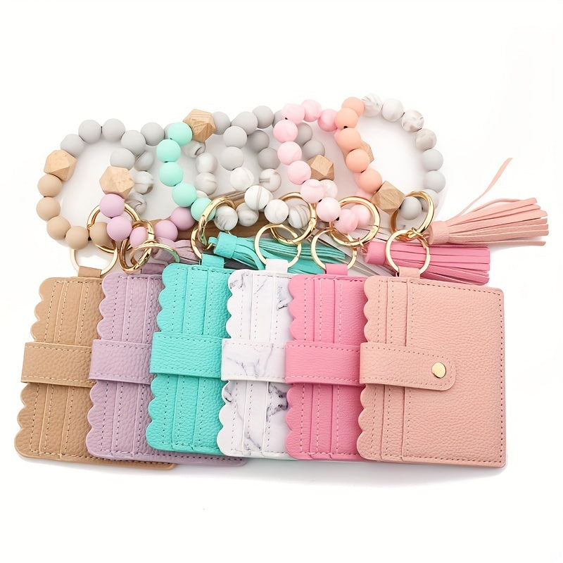 Leopard Print Tassel Wallet Keychain Silicone Beaded Bracelet