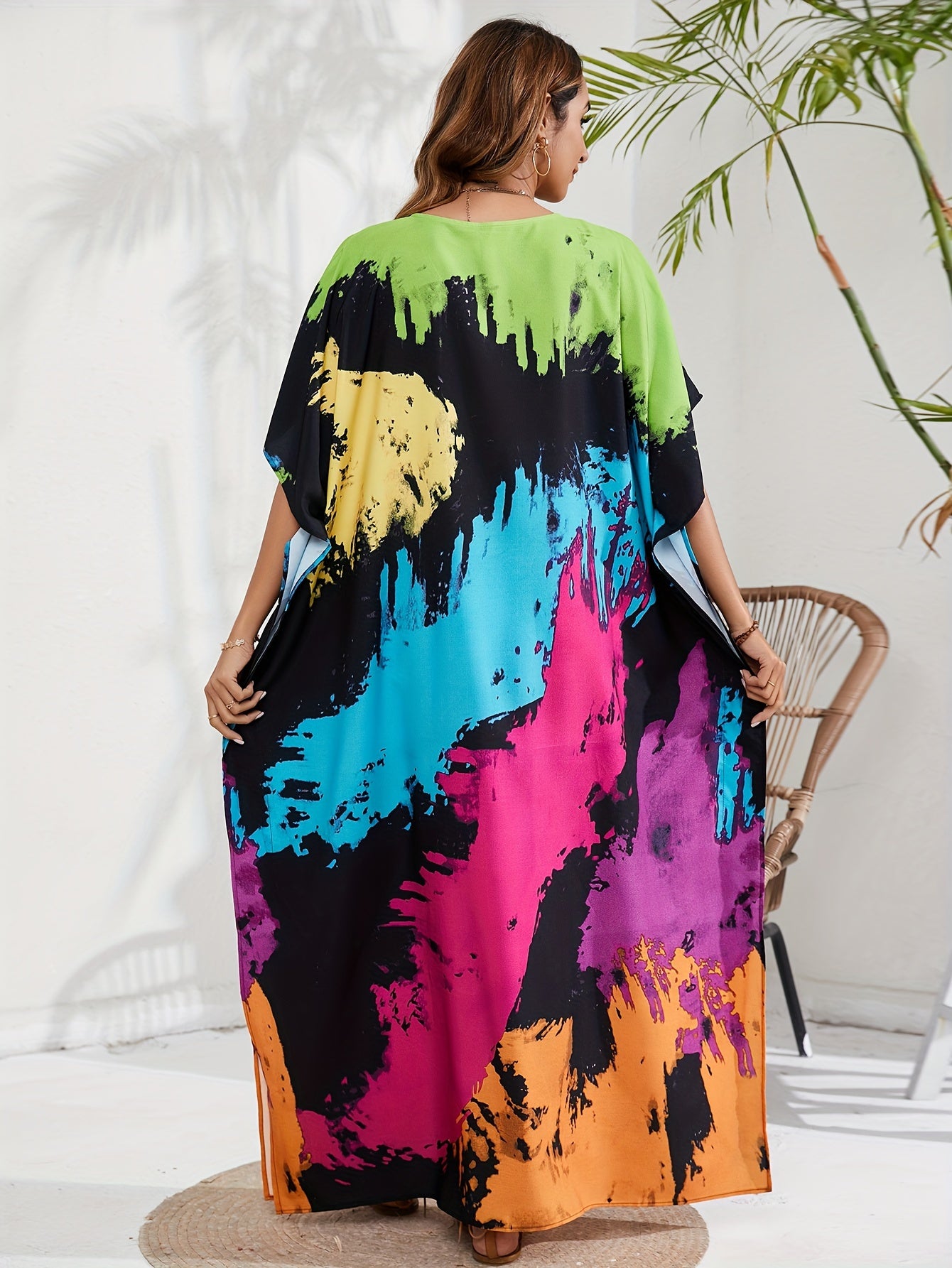  Tie Dye Batwing Sleeve Maxi Beach Cover Up Dress