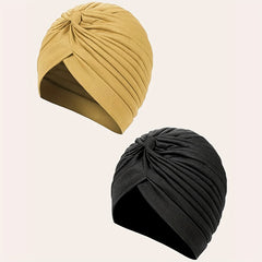 2pcs Turmeric & Turban Cap BowKnot Pleated Head Wraps Elastic Ramadan Head Scarf