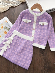Toddler Girl's Cable Knit 2pcs Plaid Pattern Cardigan & Bowknot Decor Skirt Set