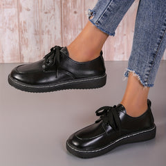 Women's Solid Flat Loafers Lace Up Low Round Toe Non slip Waterproof Shoes