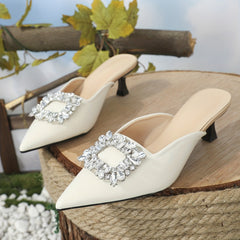 Women's Rhinestone Square Buckle Kitten Heels Slip On Slingback Sandals
