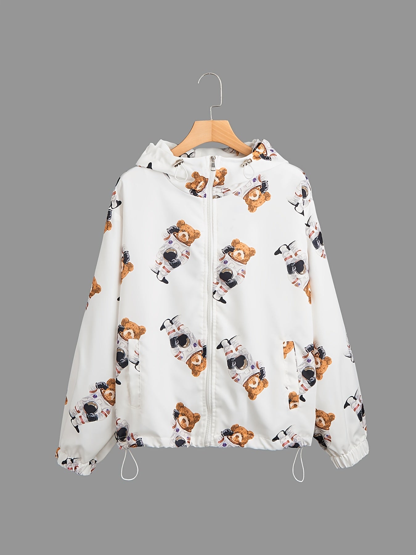 Bear Print Hooded Jacket Long Sleeve Outerwear For Spring & Fall