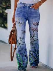  Women's Floral & Denim Print Flared Leg Trousers