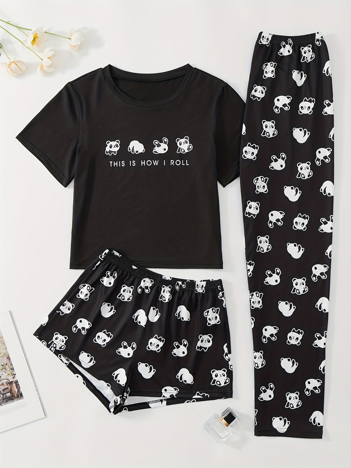 Panda Print Pajama Set Top & Shorts & Pants Women's Sleepwear & Loungewear