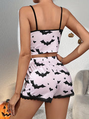 Bat Print Pajama Set Lace Trim Cami Top & Shorts Women's Sleepwear