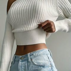 Ribbed Asymmetrical Neck Knit Crop Sweater